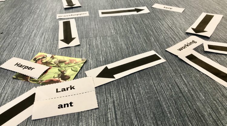 vocabulary words and arrows on the ground
