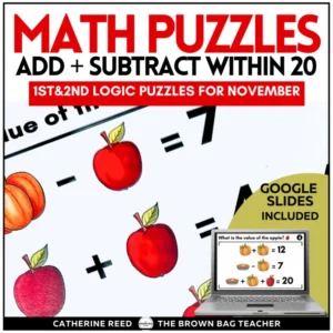 Thanksgiving Math Logic Puzzles: Add & Subtract within 20 for November, Gr. 1, 2