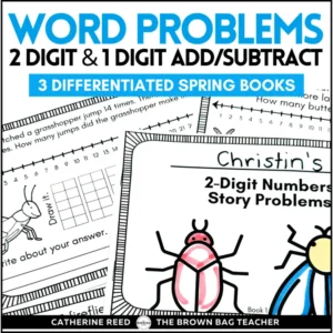 Spring & April Word Problem: 2-Digit Addition & Subtraction Minus 1-Digit Books