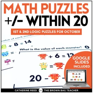 Halloween Math Logic Puzzles, October: Adding, Subtracting within 20, Gr. 1, 2