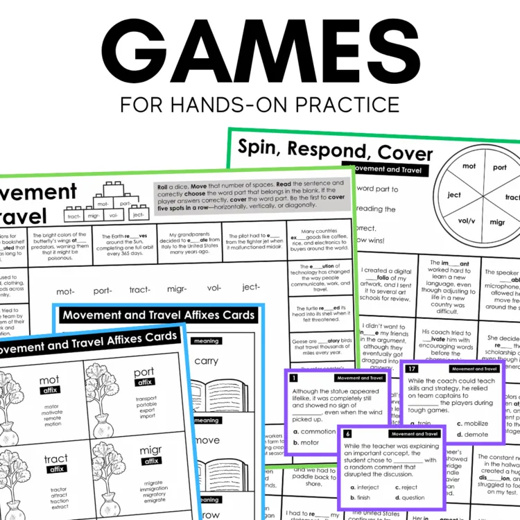 Morphology: Movement & Travel Prefixes, Suffixes, Root Words Resources and Games