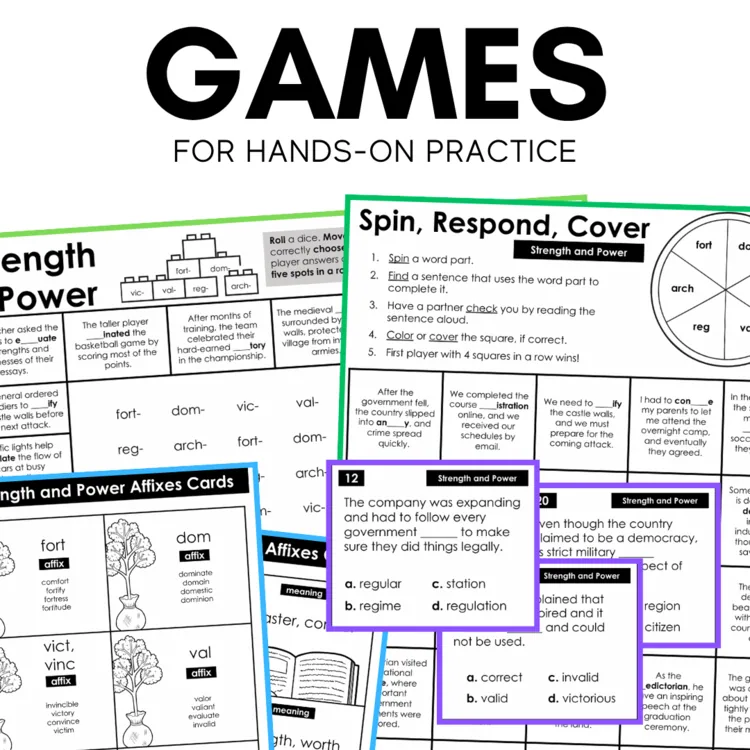 Morphology: Strength & Power Prefixes, Suffixes, Root Words Resources and Games